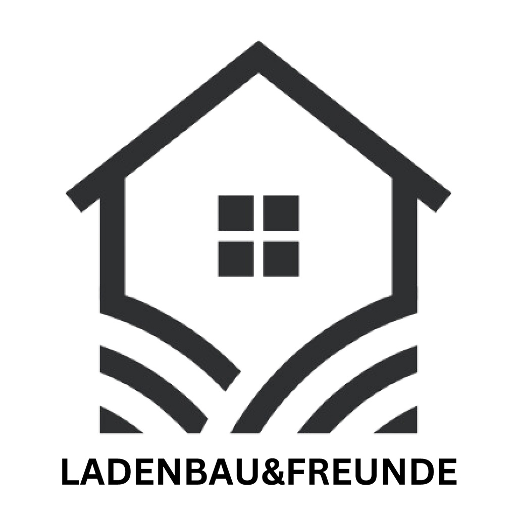 Logo: Schwarzes Haus mit Fenster, darunter Wellenformen. Text: "Ladenbau&Freunde".